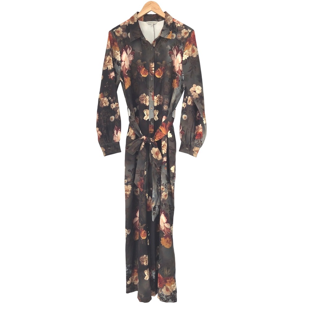 Ranna Gill Floral Maxi Shirt Dress Olive Green Long Sleeve Belted Pockets L